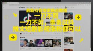 最新抖音搜索搬运教程，一刀不剪，条条过抖，推文短剧影视涨粉都可以-聊项目