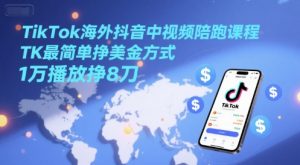 TikTok海外抖音中视频陪跑课程，TK最简单挣美金方式，1万播放挣8刀-聊项目