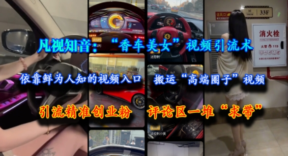 凡视知音：“香车美女”视频引流术，依靠鲜为人知的视频入口，搬运“高端圈子”视频，引流精准创业粉，评论区一堆“求带”-聊项目