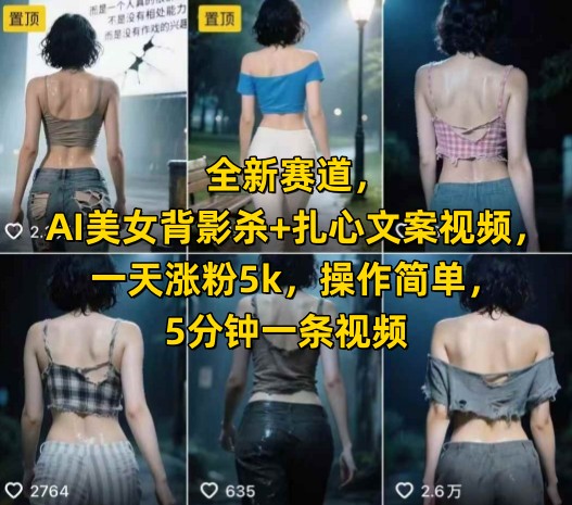 全新赛道，AI美女背影杀+扎心文案视频，一天涨粉5k，操作简单，5分钟一条视频-聊项目