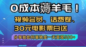 0成本薅羊毛!视频会员、话费卷、30元电影票白送,分享我如何靠转卖一天变现5张+【揭秘】-聊项目