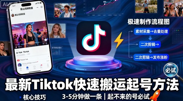 最新Tiktok快速搬运快速起号方法，3-5分钟做一条，起不来的号可以试试-聊项目