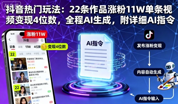 抖音热门玩法：22条作品涨粉11W单条视频变现4位数，全程AI生成，附详细AI指令-聊项目