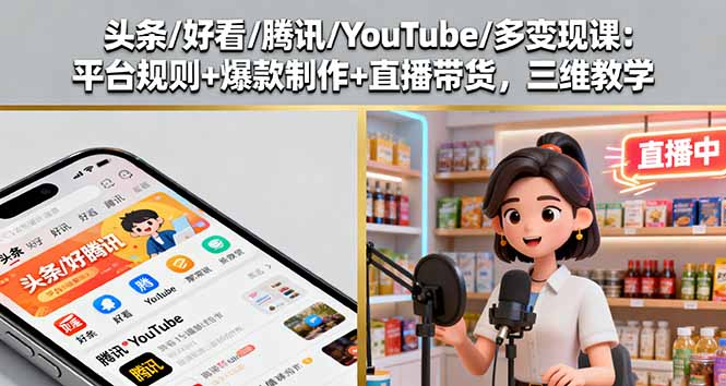 头条/好看/腾讯/YouTube/多变现课：平台规则+爆款制作+直播带货，三维教学-聊项目